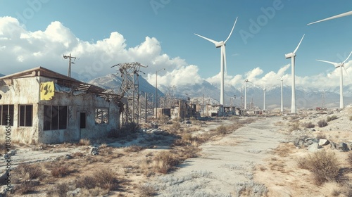 Desolate desert landscape with ruined buildings and wind turbines under a partly cloudy sky.