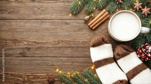 Rustic winter setup with striped wool socks, a cup of hot coffee, and holiday greenery on a wooden table
 photo