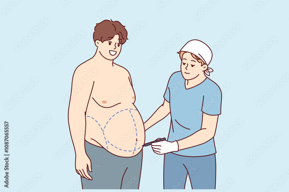 Preparation for liposuction for fat man who wants to get rid of excess weight and saggy belly. Guy visits surgeon for liposuction and abdominoplasty to get attractive body without effort Preparation for liposuction for fat man who wants to get rid of excess weight and saggy belly. Guy visits surgeon for liposuction and abdominoplasty to get attractive body without effort
