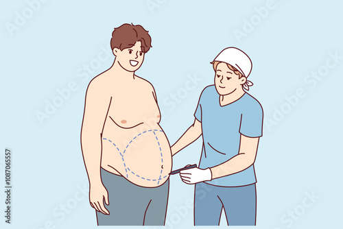 Preparation for liposuction for fat man who wants to get rid of excess weight and saggy belly. Guy visits surgeon for liposuction and abdominoplasty to get attractive body without effort