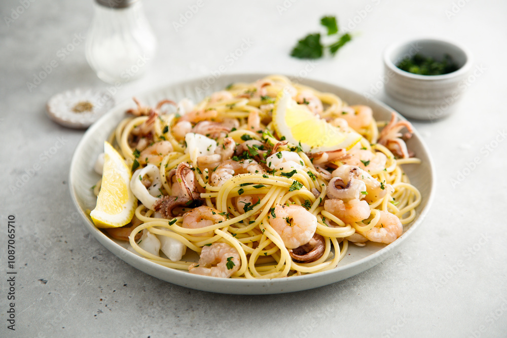 Spaghetti with seafood, parsley and lemon Spaghetti with seafood, parsley and lemon