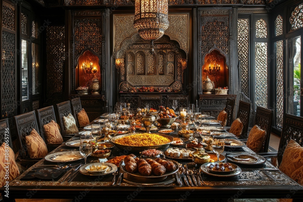 Luxurious dining table displaying traditional arabic cuisine in ornate room Luxurious dining table displaying traditional arabic cuisine in ornate room