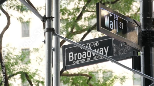 New York City, United States. Lower Manhattan Downtown Financial District street. American Wall street and Broadway corner road traffic sign. Stock Exchange, USA Stock Market. Crossroad intersection.