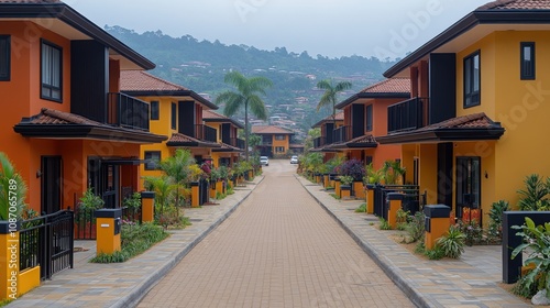 Colorful residential buildings lining a serene pathway.