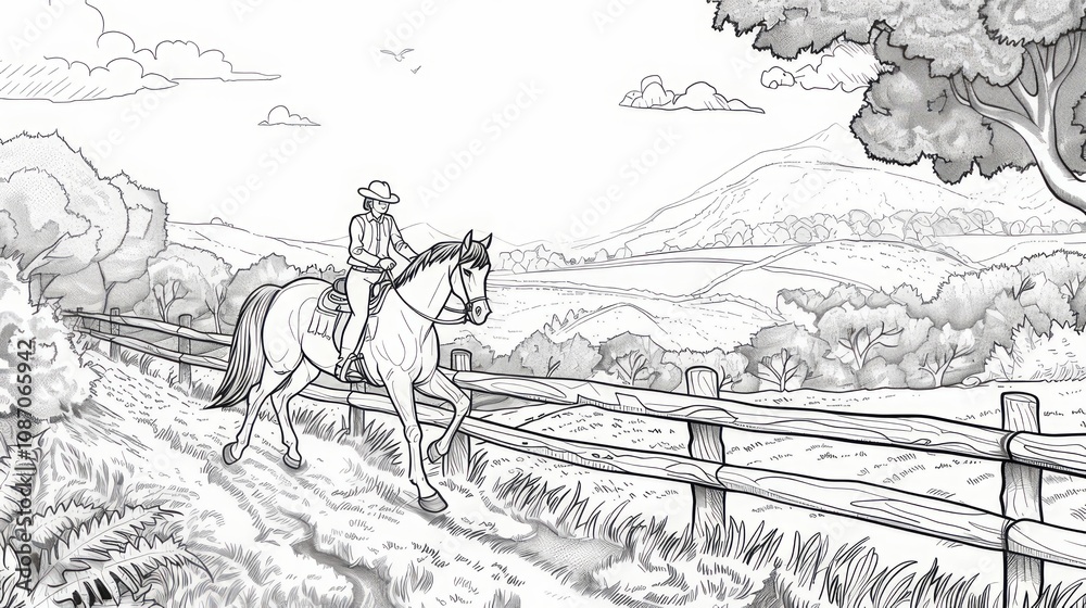 Obraz premium A horseback rider enjoys a peaceful trail ride through rolling hills and farmland