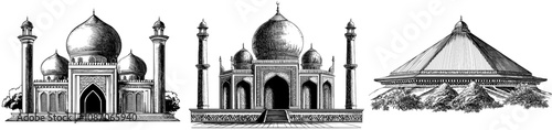 An illustration of a small mosque in black and white.