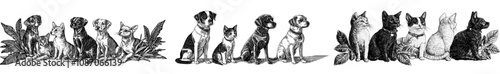 In line with dogs, sitting in rows. Different breeds of doggies, cute puppies. Flat graphic modern illustration. White background.