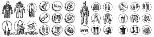An isolated flat graphic modern illustration of a worker wearing security helmet, protection eye glasses, vest, apron, and gloves. Work uniform, protective equipment.