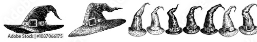 Set of witch hat silhouettes on isolated white background, large pack of modern silhouette designs