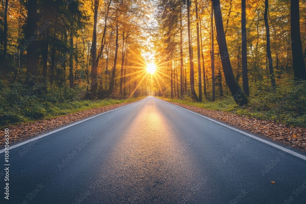 Sun shining through trees on empty road in autumn forest Sun shining through trees on empty road in autumn forest