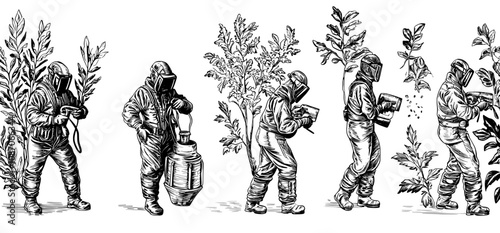 A welding machine welds metal pipes, steel pipelines. Ironworkers in masks work with iron. Hands fix, build, repair machinery. Modern flat illustration isolated on white background.