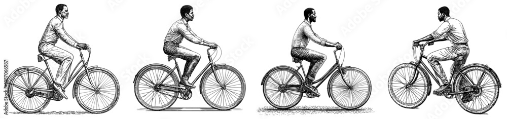 Obraz premium A smiling black man riding a bike and enjoying bicycle travel with eco-friendly green transport. A young smiling cyclist is seen from the side. Flat modern illustration isolated on white.
