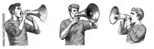 Speaker with bullhorn, amplifier in hand announcing, speaking, advertising, informing, promoting. Isolated modern flat illustration.