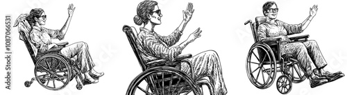 Isolated flat modern illustration of a happy young female character with physical disability. She sits on her wheelchair smiling happily and positive. Flat modern illustration isolated on a white