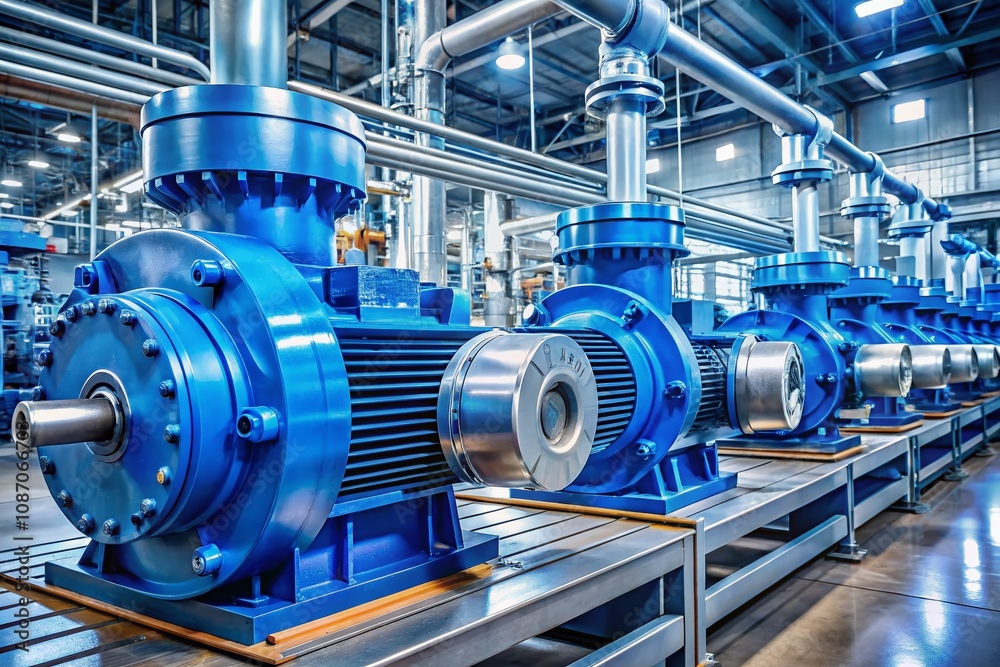 Industrial Equipment Showcase: New Blue Electric Motors with Pumps on a Stainless Steel Production Line in a Petrochemical Additive Pump Station Setting Industrial Equipment Showcase: New Blue Electric Motors with Pumps on a Stainless Steel Production Line in a Petrochemical Additive Pump Station Setting