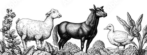 An illustration of farm animals. Sheep, goats, pigs, rabbits, and shepherd dogs. Rural countryside fauna set. Isolated on white background.