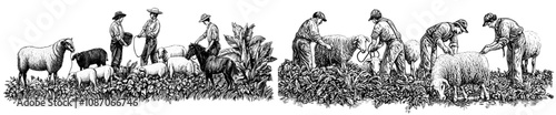 The care of domestic animals by rural farm workers. Farmers and livestock in the village. Feeding and breeding chickens, cows, pigs, rabbits, sheep. Flat modern illustration isolated on white.