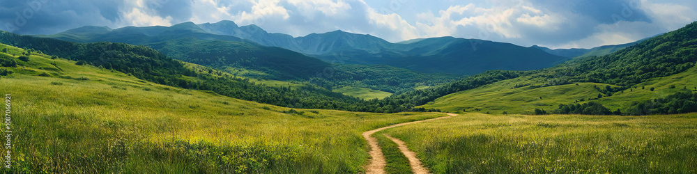 Fototapeta premium A winding pathway through a verdant meadow, framed by towering mountain ranges in the distance.