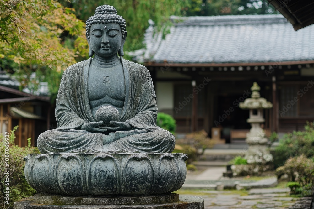 Buddha statue meditating peacefully in japanese temple garden Buddha statue meditating peacefully in japanese temple garden