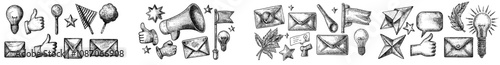 An illustration of a bunch of doodle icons and design elements. Some examples include a speech bubble, stars, hearts, lightbulb, flag, thumbs-up, letter, envelope & lightbulb.