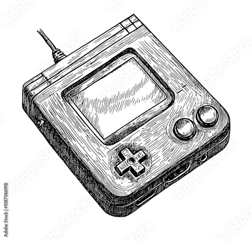 Game controller, 90's mobile gamepad. Retro nostalgic 90's gaming console with screen. Portable gaming device with buttons and display. Flat modern illustration isolated on white.