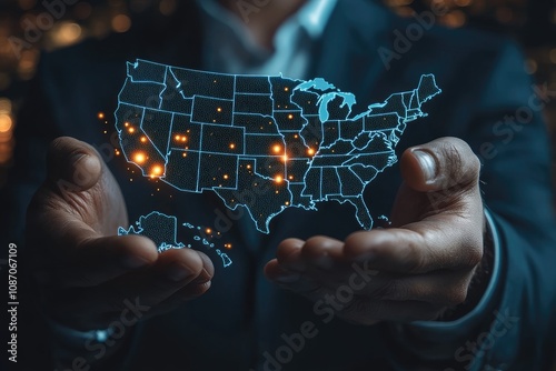 Businessman holding hologram of united states of america map with glowing dots photo