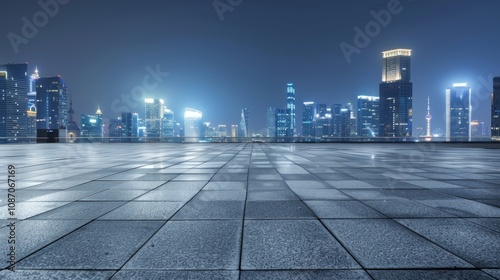 Empty square floor with city skyline background, City skyline with dynamic urban waterfront, vibrant urban scene photo