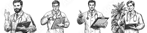 Doctor holding clipboard and medical document. Health care professional, general practitioner, or therapist prescribing. Physician counseling. Flat modern illustration isolated on white.