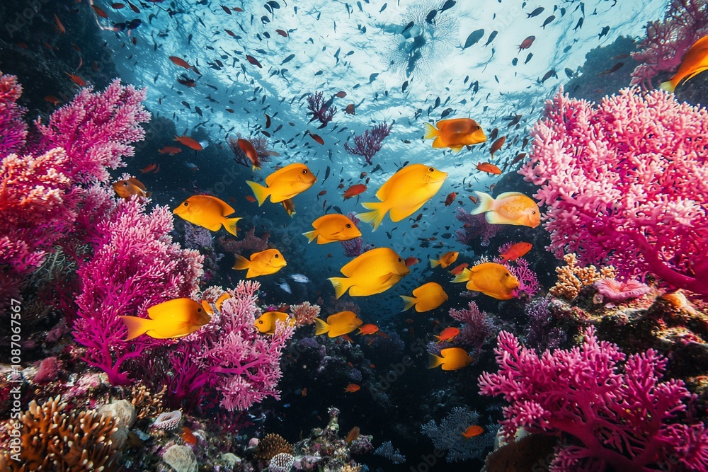 Fototapeta premium Vibrant Coral Reef Scene with Colorful Fish Beneath the Ocean's Surface
