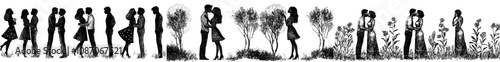 Modern silhouettes set with kissing couple couple, isolated background