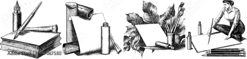 A flat modern illustration isolated on a white background showing a paper sheet, tubes of oil paint, brushes, and drawing tools. Traditional art supplies, blank canvas, creative hobby accessories.