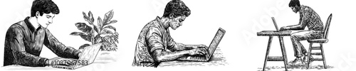 An employee works at a laptop at the office. An office worker sits at the office computer. An individual scans the internet from a remote place. Online business. Flat modern illustration isolated on