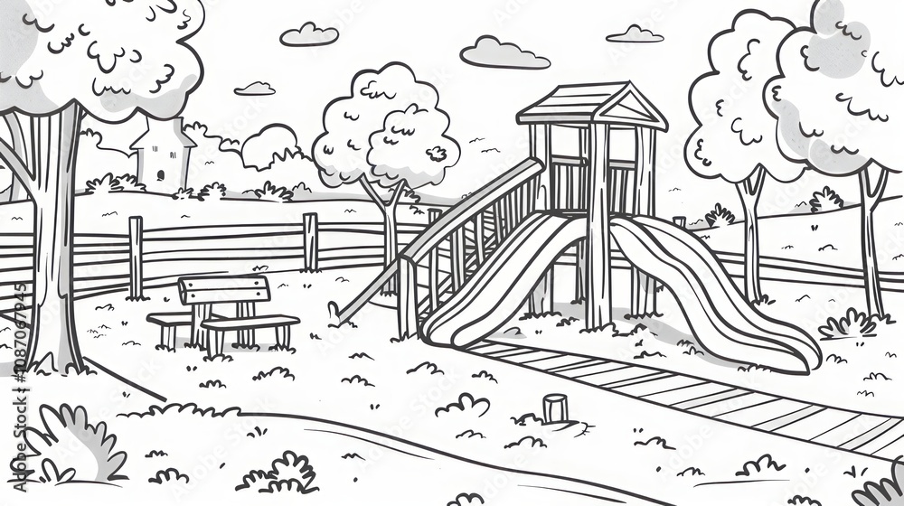 Fototapeta premium A peaceful park scene features a playground with a slide and a bench under shady trees