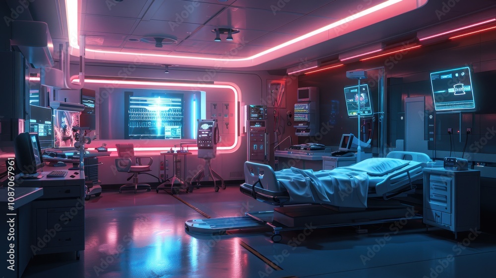 Futuristic hospital room with a patient in a bed, advanced medical equipment, and glowing neon lights. Futuristic hospital room with a patient in a bed, advanced medical equipment, and glowing neon lights.