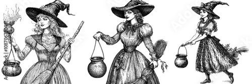 Halloween carnival costume with broom and candy basket, October night. Woman in Halloween carnival costume in pointy hat holding cauldron. Flat modern illustration on white background.