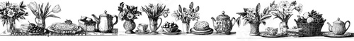Country food, flowers in a vase, fruit, teacup, summer berries, pie in a cozy village style. Flat graphic modern illustration isolated on white.