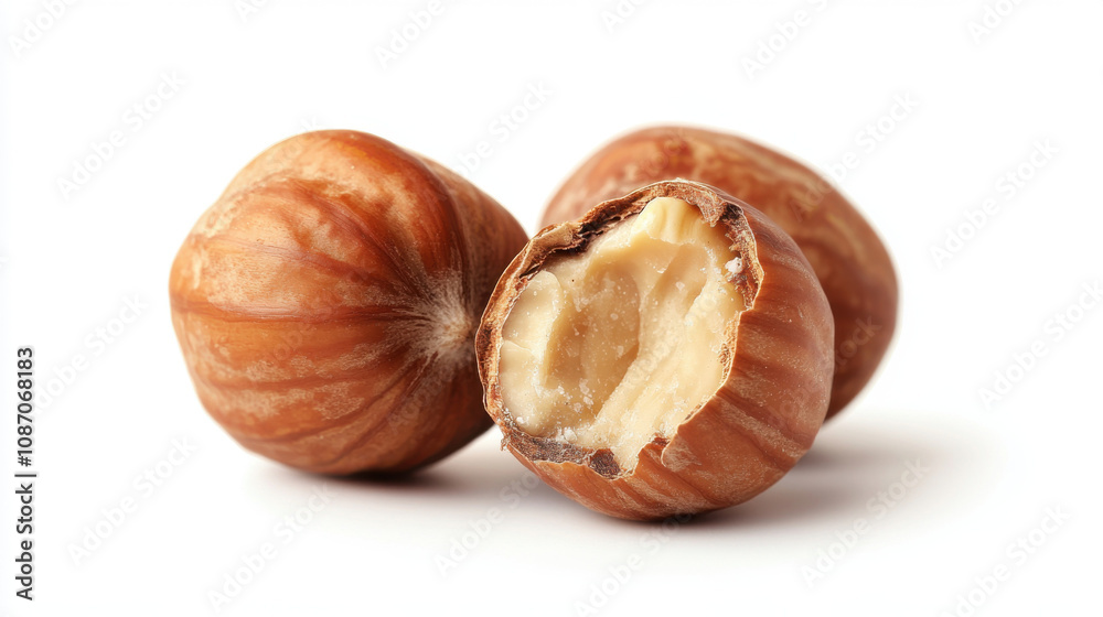 cracked Hazelnuts isolated on white background, cracked Hazelnuts isolated on white background,