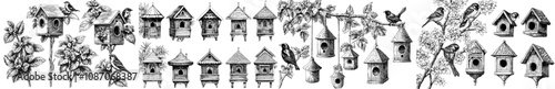 Set of black and white doodle elements for birds. Nest boxes for spring birds. Tiny homes for little songbirds. Cute hand drawn isolated modern clip art.