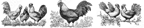 It's a chicken. A farm domestic bird. Symbol of energy, positivity, and early rising. Fortune, courage, pride. Simple flat style picture for projects. Simple black and white flat style picture for