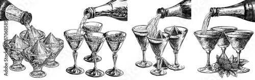 Illustration of champagne being poured into a tower of glasses from a bottle.