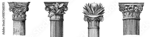 Ancient Greek architecture column capital with ornate decor, a historic marble pillar. Flat modern illustration.