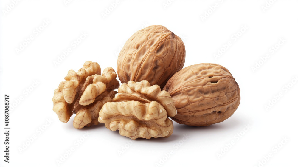 Whole walnuts isolated on white background, package design element, Whole walnuts isolated on white background, package design element,
