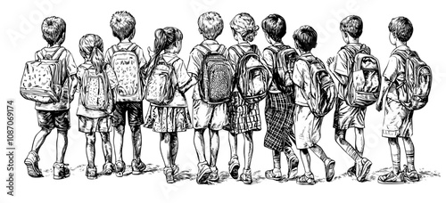 A back-to-school set with students holding hands and walking together. Background with kids groups, classmates and friends walking together. Flat modern illustration isolated on white.