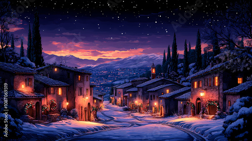 A cartoon SIDE VIEW of VARIOUS Medieval Buildings with Christmas Decorations, done in watercolor, with soft edges, color gradations, and luminescence.