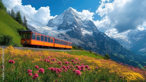 Wengernalpbahn slowly running near the majestic jungfrau mountain in switzerland