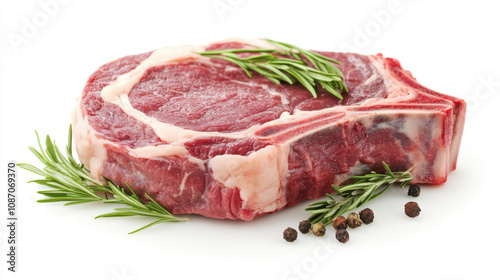 Raw beef rib steak isolated on white background, photo