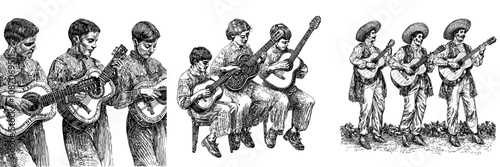 Three Mexican mariachi band musicians play guitars and a vihuela sketch engraving is presented as generative raster illustration. Scratch board reproduction. Black and white.