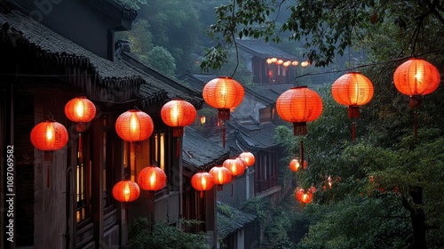 View of a traditional Chinese village decorated with red lanterns at dusk.