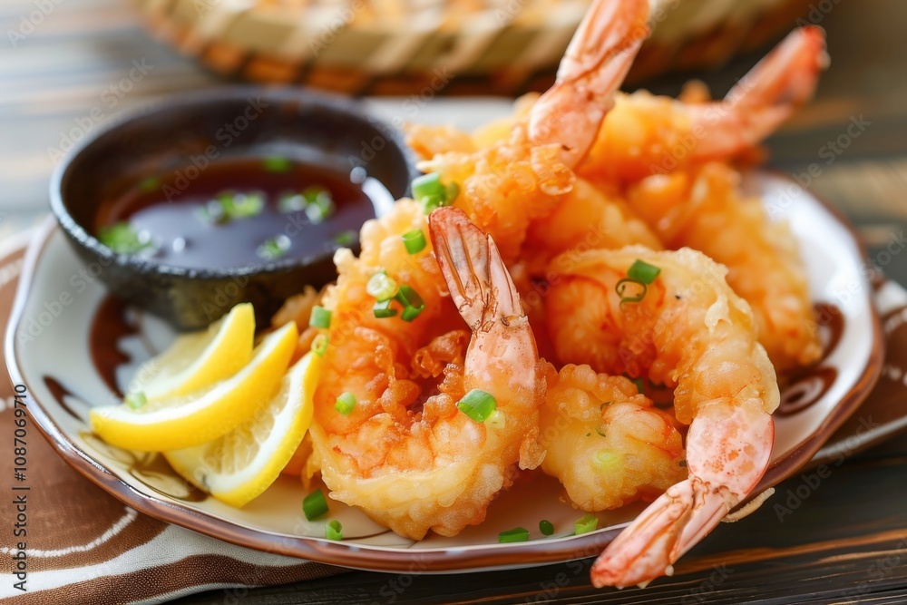 Crispy Shrimp Tempura Served with Dipping Sauce and Lemon Crispy Shrimp Tempura Served with Dipping Sauce and Lemon