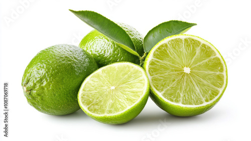 Lime with slice and leaf isolated on white background,